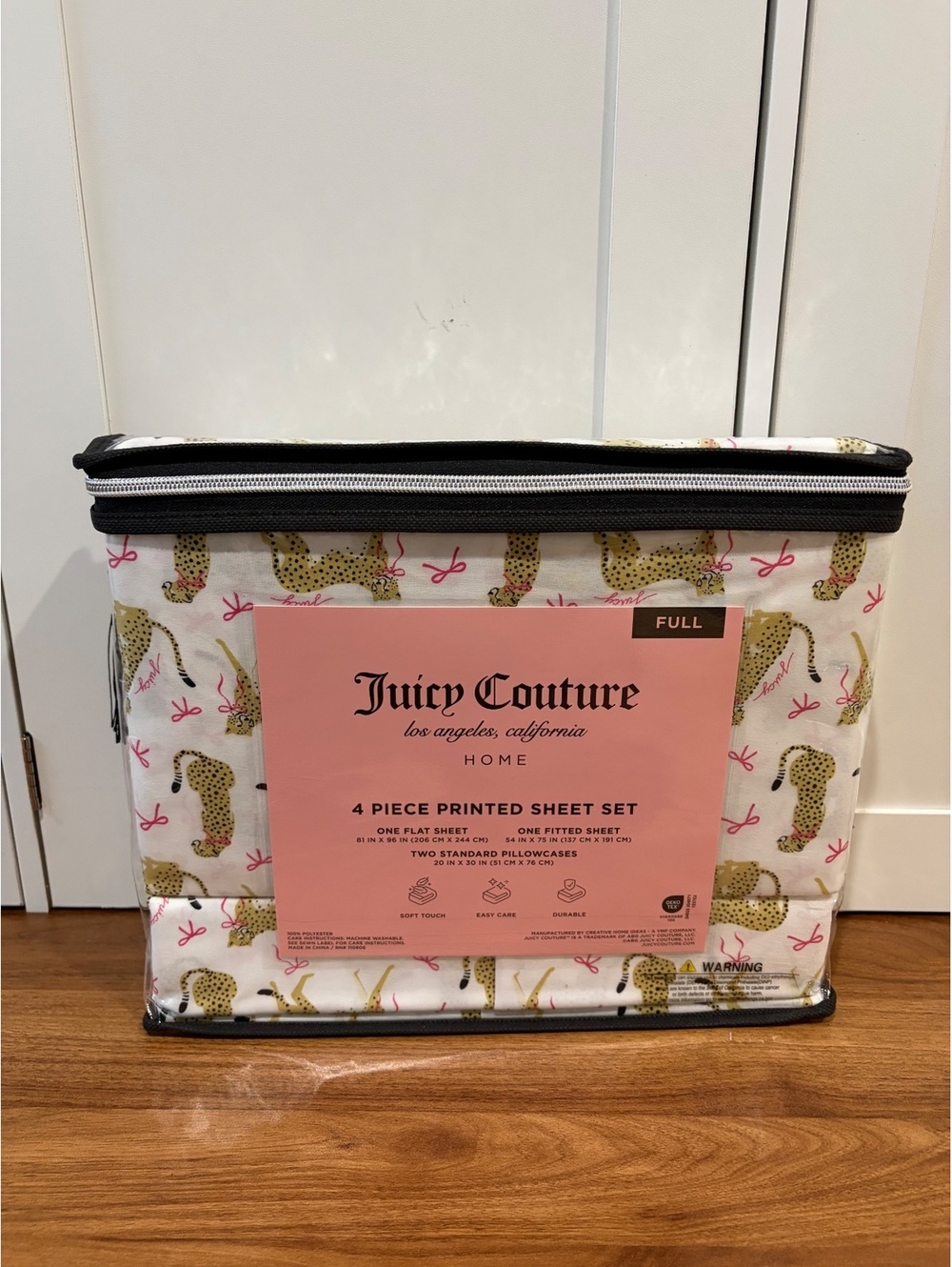 Juicy Couture Full 4-Piece Sheet Set – Cheetah & Pink Bow Print – New